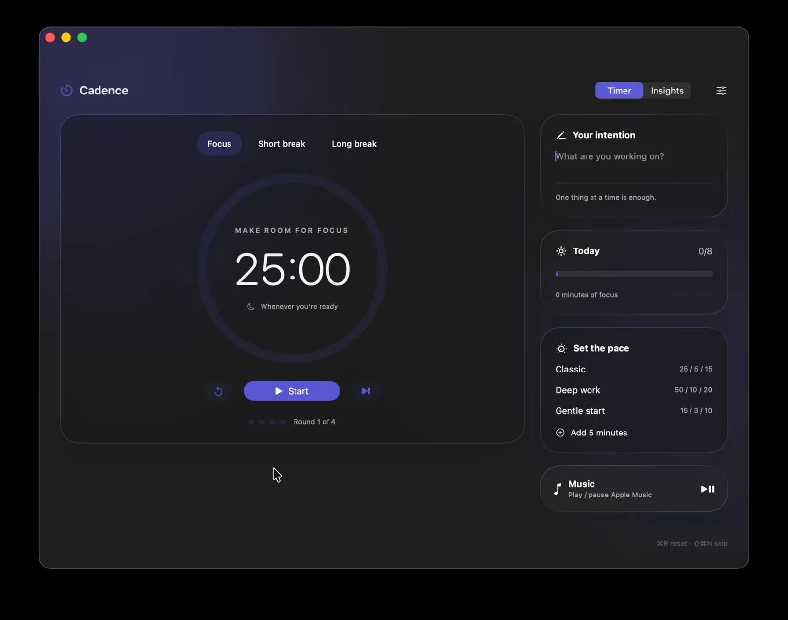 Cadence in dark mode with a purple accent, showing the focus timer, daily goal, presets and Music controls