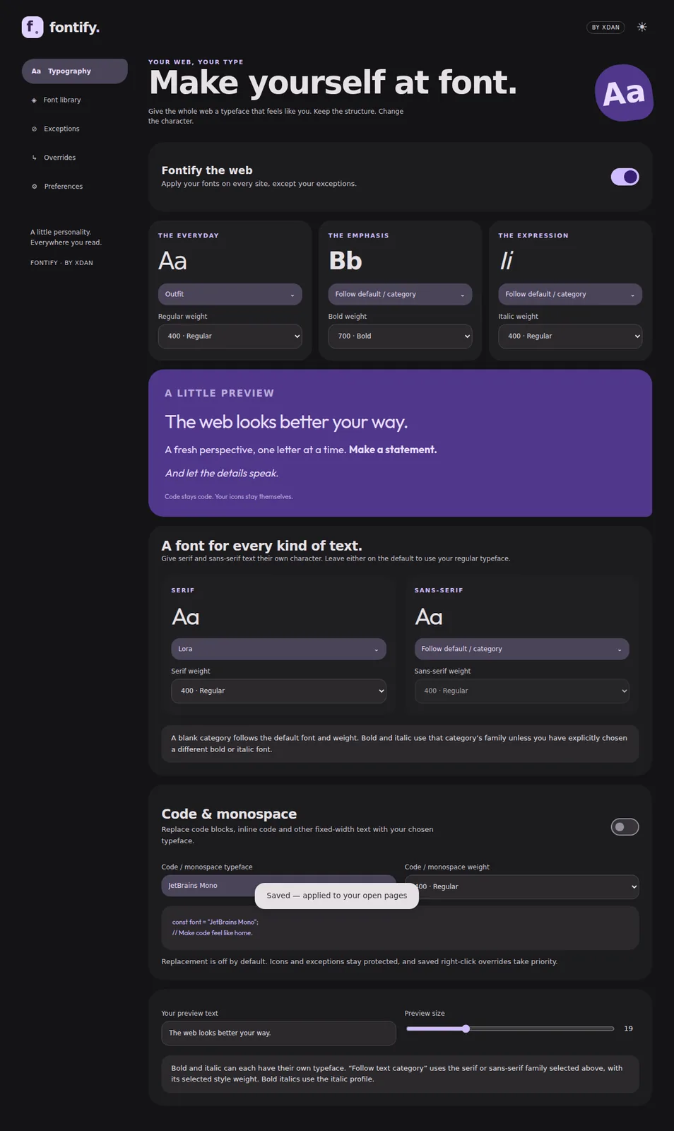 Fontify’s dark settings page with typeface profiles, exceptions and lilac controls