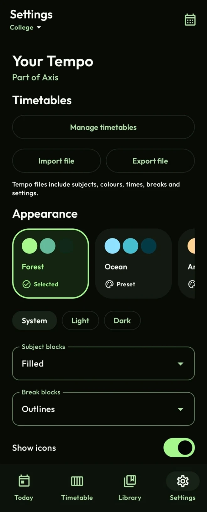 Tempo Settings with the Forest colour theme