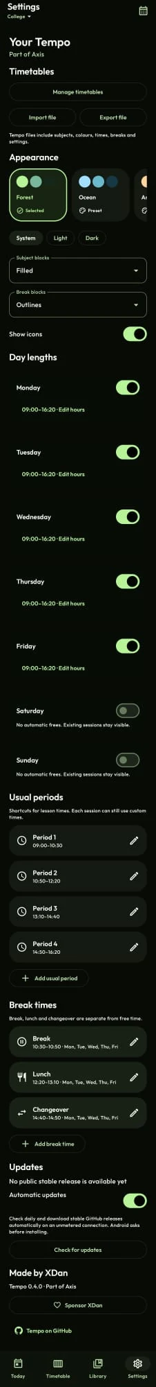 Full Tempo settings: timetable management, appearance, day lengths, usual periods, breaks and update controls