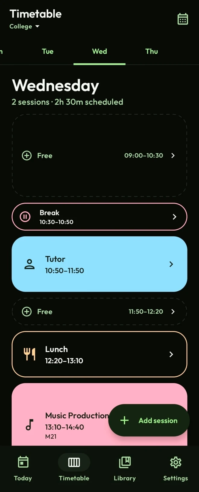 Tempo Timetable view showing Wednesday with Tutor, Music Production, lunch and free periods