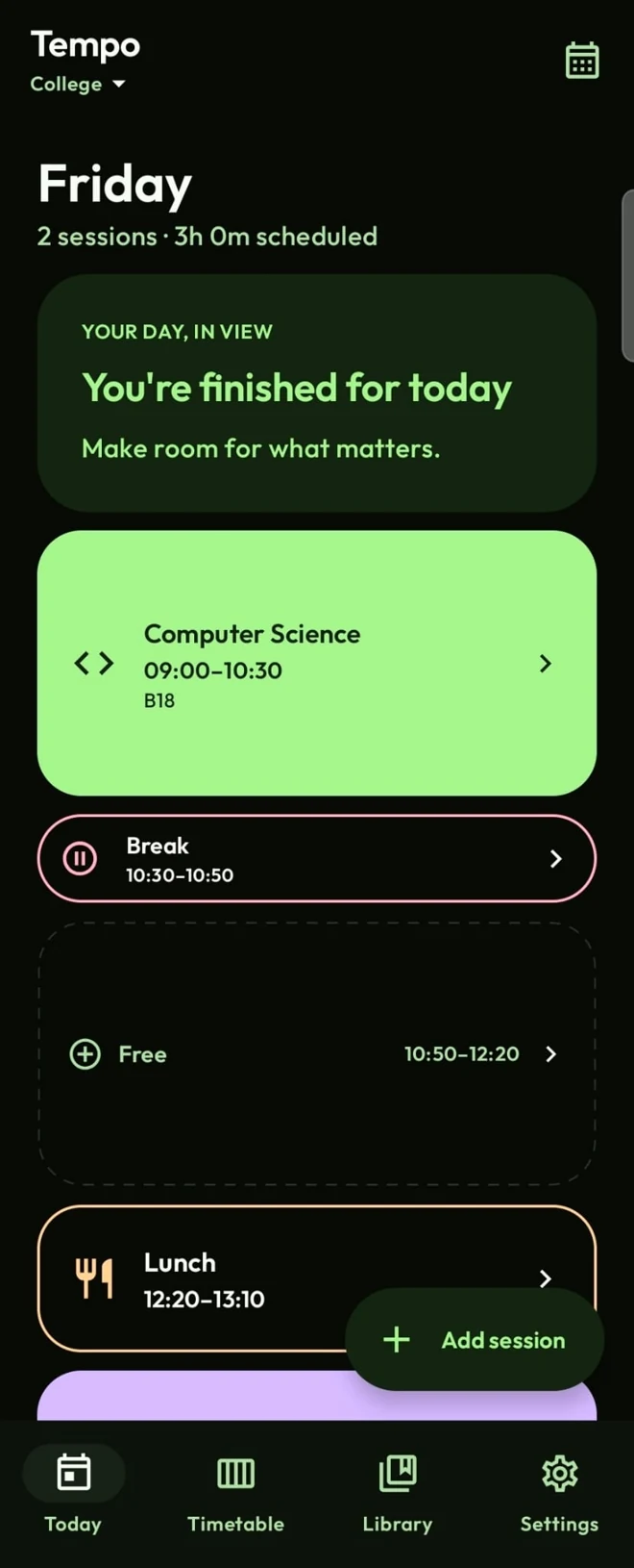 Tempo Today view with lessons, breaks and a free period
