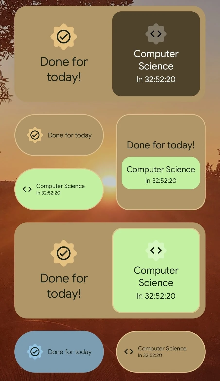 Tempo home-screen widgets in three sizes, showing done-for-today messages and a Computer Science countdown in different colours